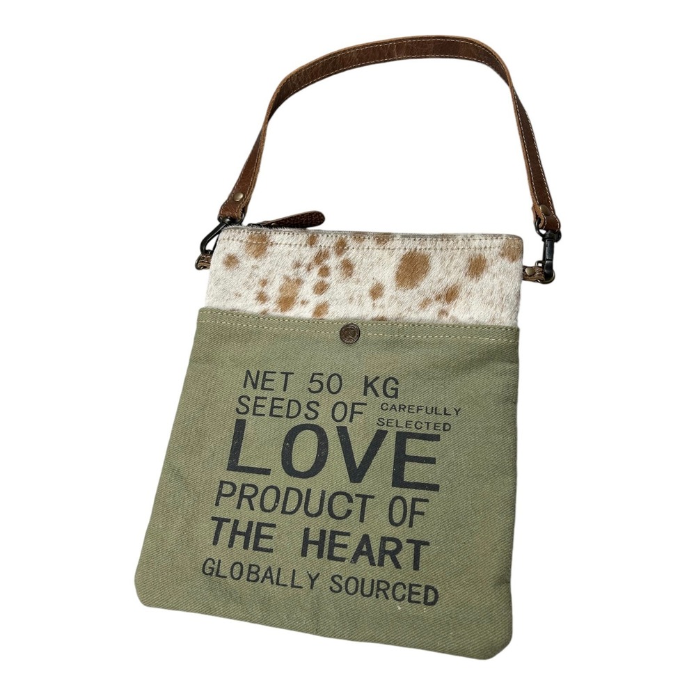 Myra Seeds Of Love Shoulder Bag Handbag Purse Canvas, Hair On Cowhide 11" X 9"